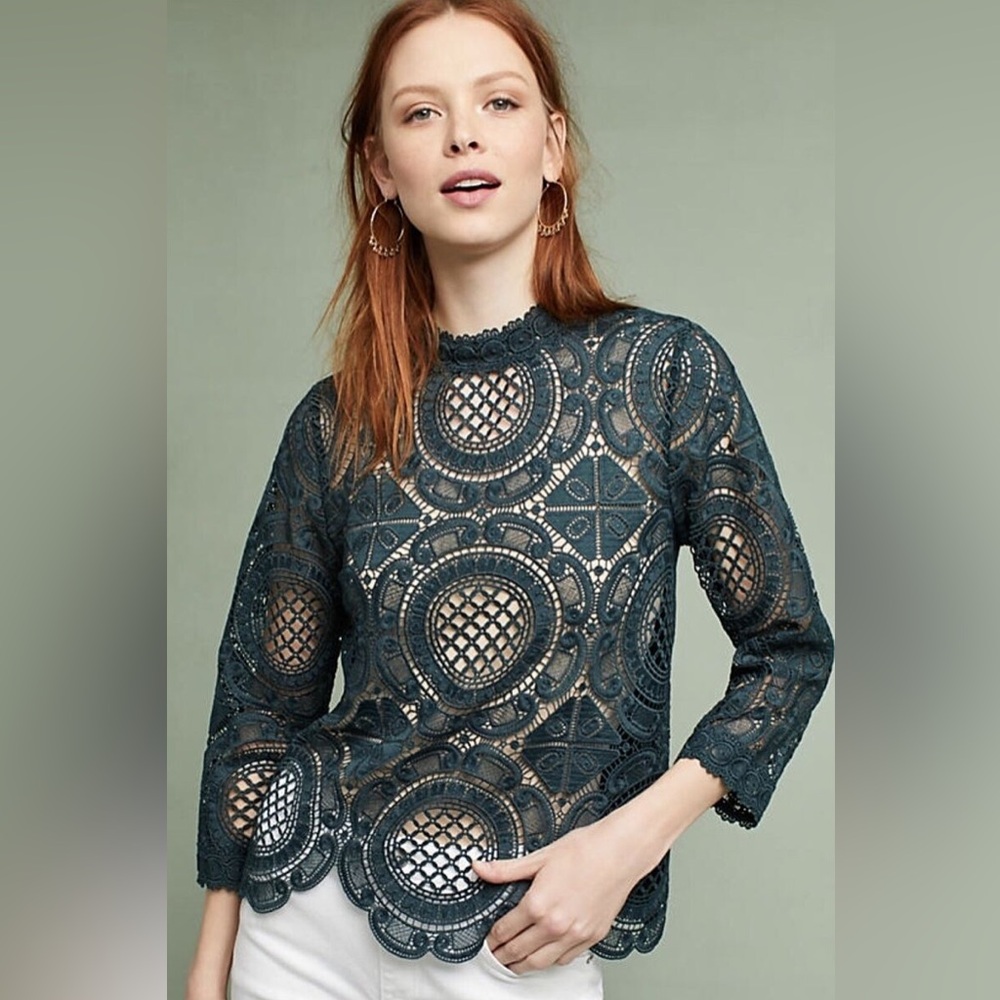 Anthropologie James Coviello Lace Top in Green